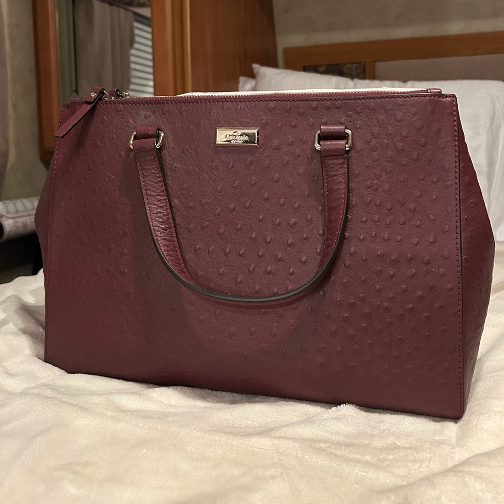 Brand New Burgundy Kate Spade New York ostrich leather tote bag.